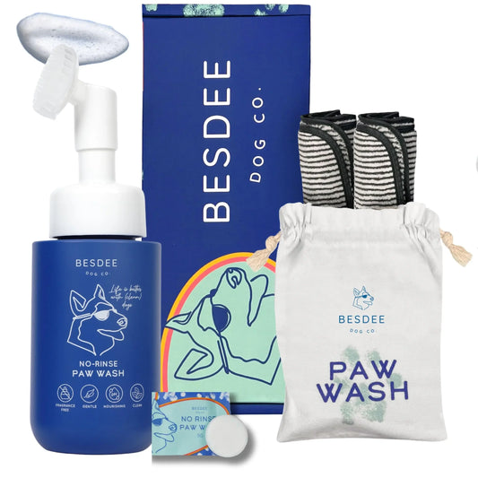 BESDEE Dog Co. No-Rinse Paw Wash Kit - Gentle, Fragrance-Free, pH Balanced Tablets for Dogs of All Sizes, Includes Travel Bag and Plush Towels