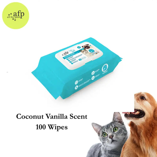 Allforpaws Pet Glove Wipes - 100 Count Coconut Vanilla Scented Alcohol-Free Grooming Wipes with Jojoba and Coconut Oils for Hydration and Odor Control