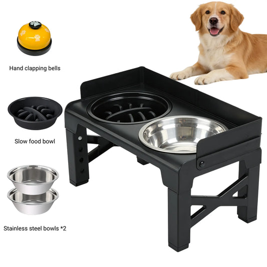 Spill-Proof Elevated Dog Bowl Stand with Guardrail, 1 Slow Feeder Bowl, 2 Stainless Steel Bowls, 5-Height Adjustable for Dogs and Cats